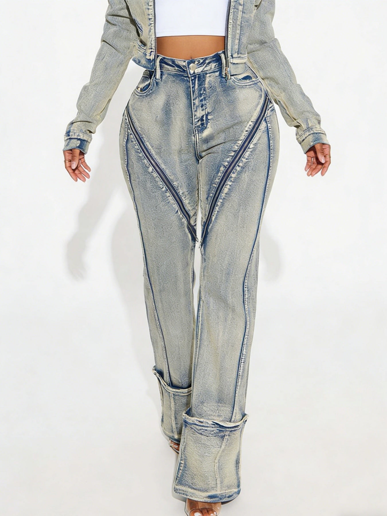 Pantalon en jean zippé délavé très élastique pour femme
