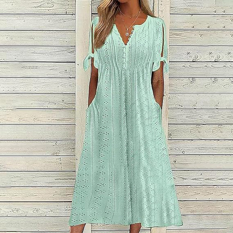 Women's Eyelet V-Neck Maxi Dress Short Sleeve Flowy A-Line Summer Beach Dress Color A Front View – AdriaPulse