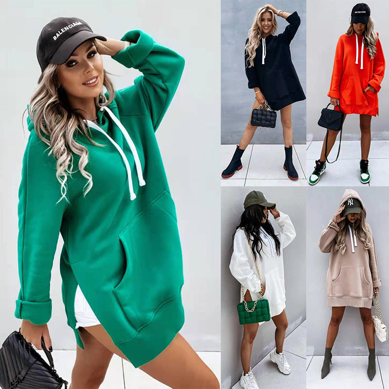 Damen Kapuzenpullover mit Taschen Mode Lässiger Split Mittellanger Pullover Kordelzug Oberteile
