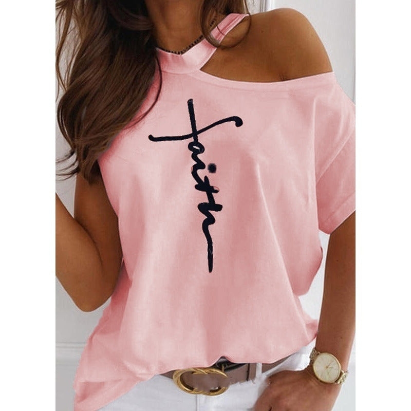 Women's Letter Print Off-Shoulder T-Shirt Short Sleeve Apricot Black Green Pink – AdriaPulse