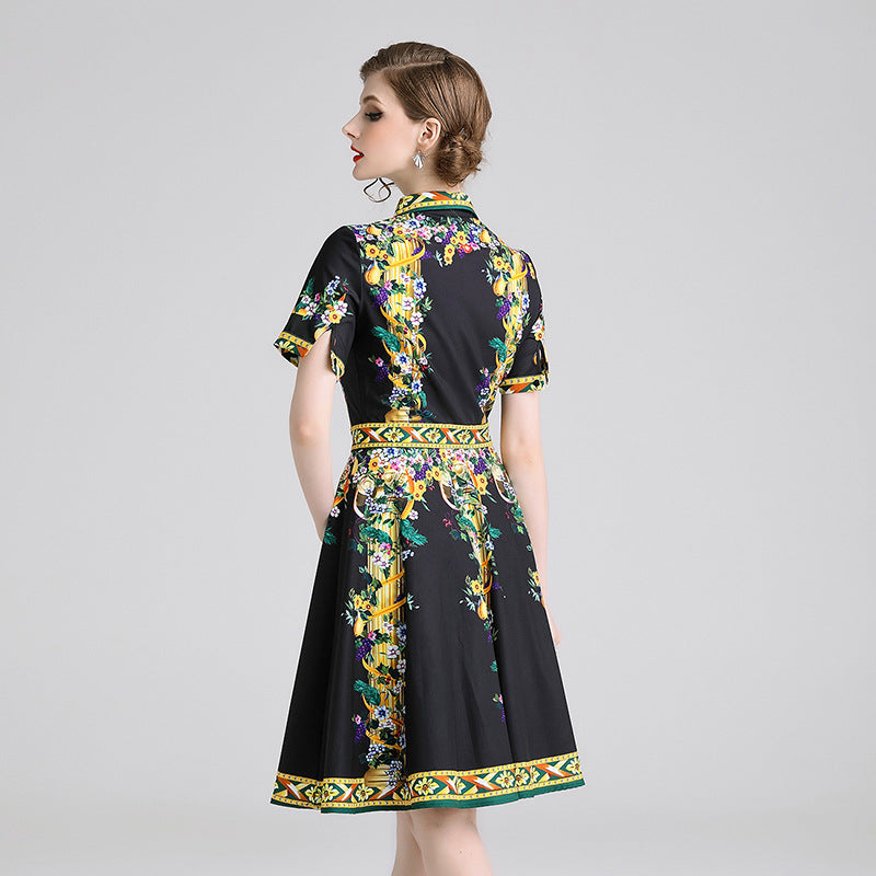 Damen A-Linien Midi-Kleid mit Blumenmuster – Kurzarm, Polokragen
