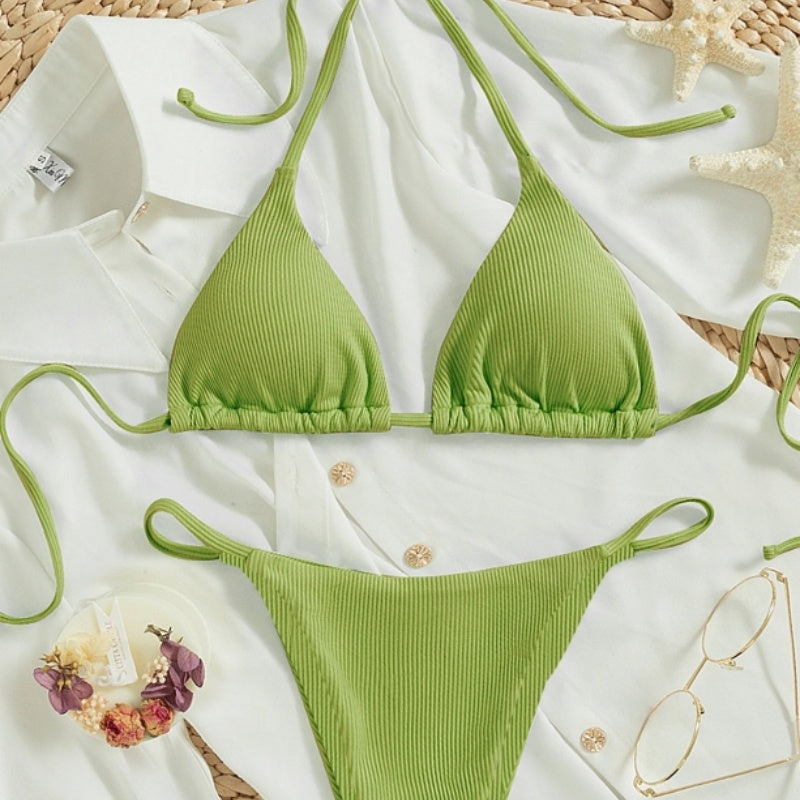 Women's Sexy Ribbed Tie Bikini Set – V-Neck Two-Piece Swimsuit