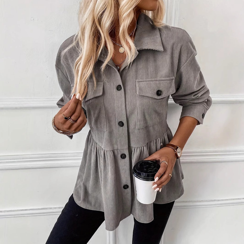 Women's Casual Corduroy Shirt Coat Loose Long Sleeve Gray – AdriaPulse