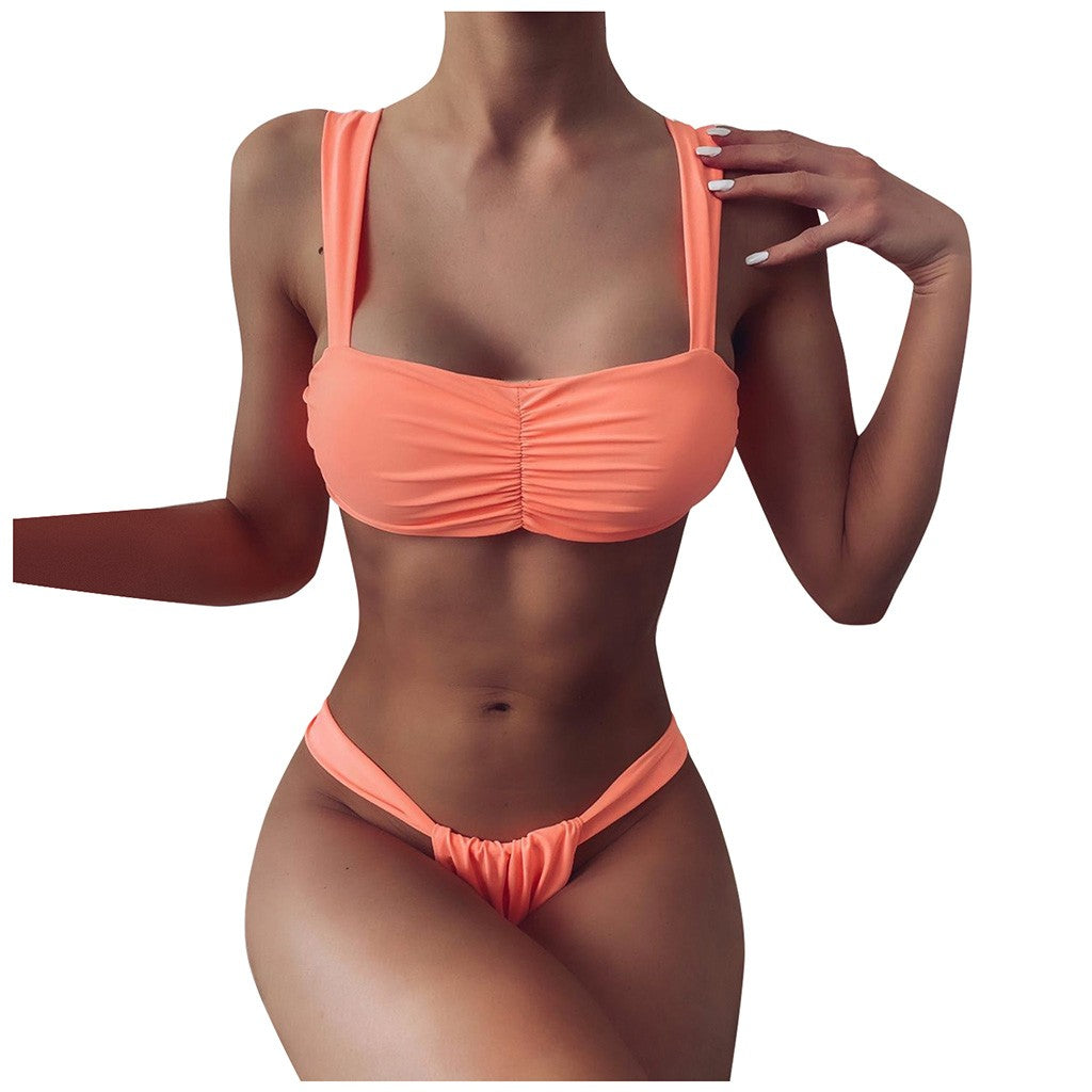 Solid Color Split Bikini – Women's Nylon Swimwear S–L