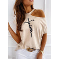 Women's Letter Print Off-Shoulder T-Shirt Short Sleeve Apricot Black Green Pink – AdriaPulse