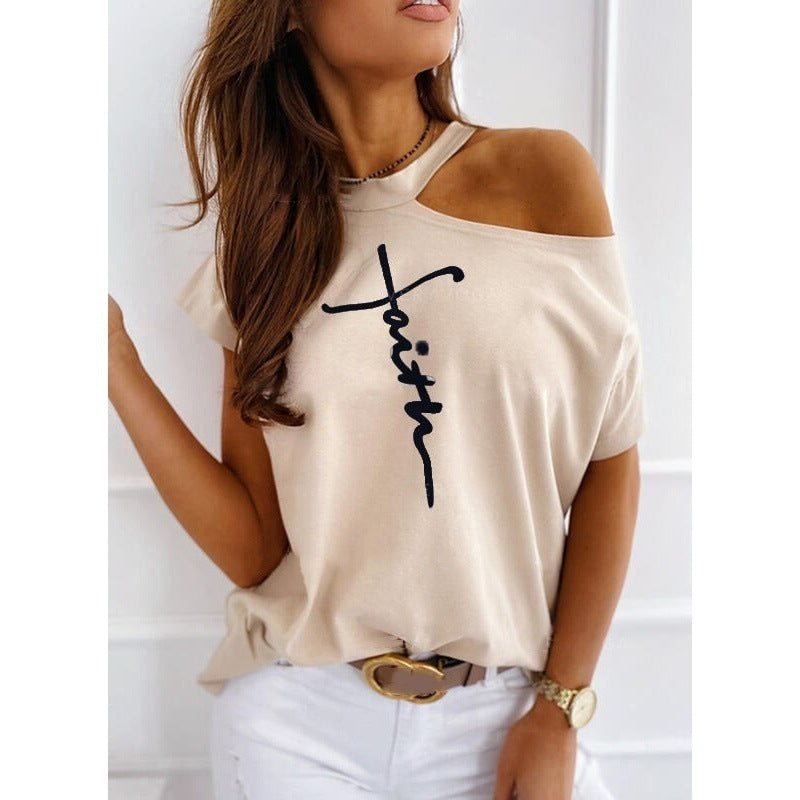 Women's Letter Print Off-Shoulder T-Shirt Short Sleeve Apricot Black Green Pink – AdriaPulse