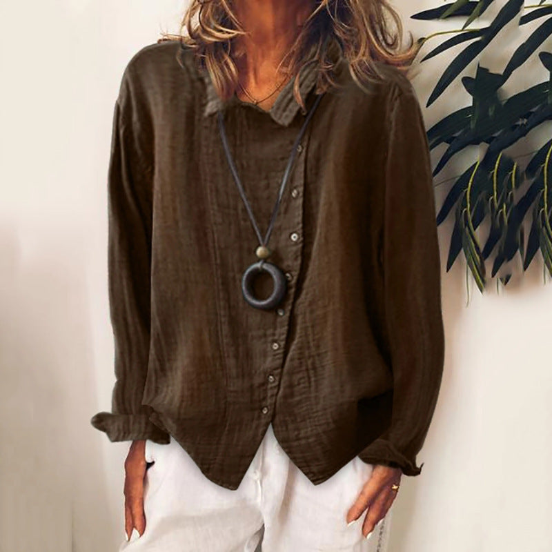 Women's Loose Cotton Linen Long Sleeve Shirt Solid Color – AdriaPulse