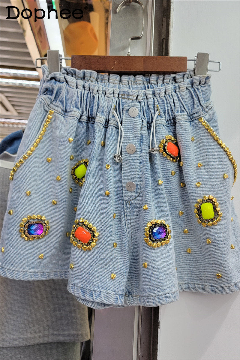 Women's Diamond Beaded High Waist Wide-Leg Denim Shorts – Embellished Blue