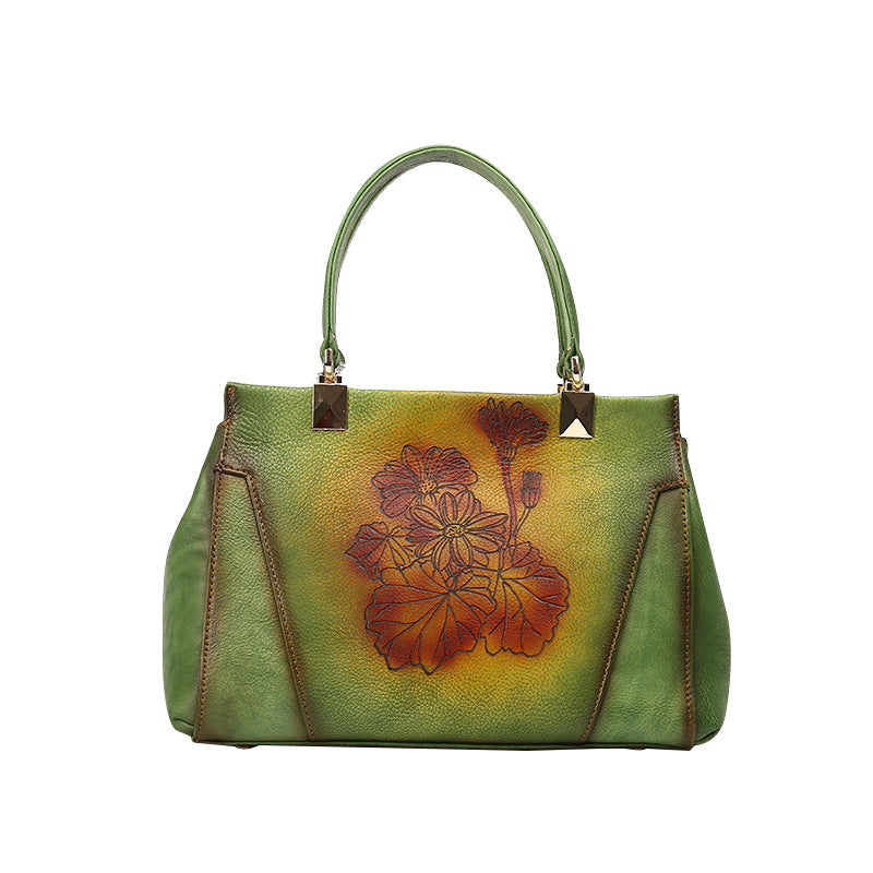 Women's Genuine Cowhide Small Square Bag – Floral Retro Leather Handbag