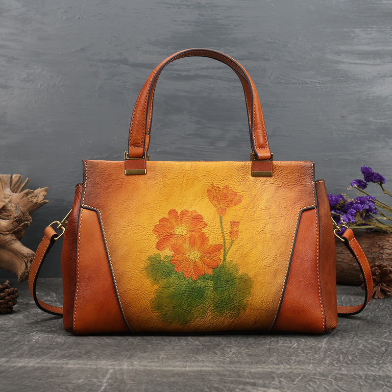 Sac carré en cuir véritable de vachette pour femme – Sac à main rétro en cuir floral