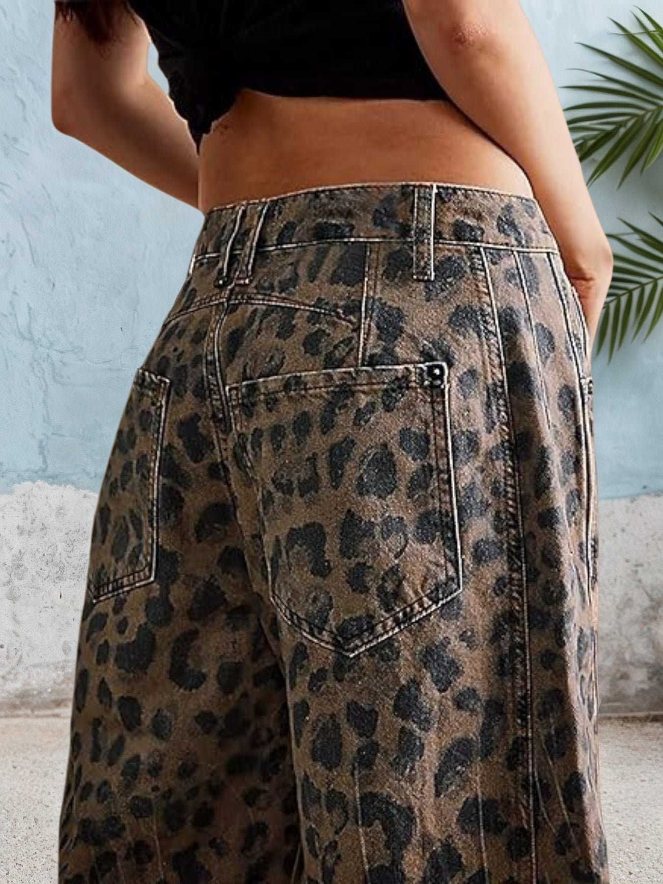 Women's Leopard Print Curved Cut Mid-Waist Jeans Zipper Closure – Brown – Front View | AdriaPulse