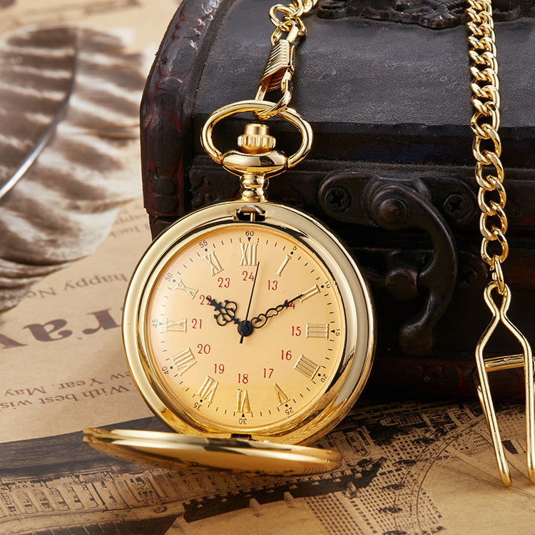 Engraved Vintage Quartz Pocket Watch – Alloy Case with Chain, 45mm