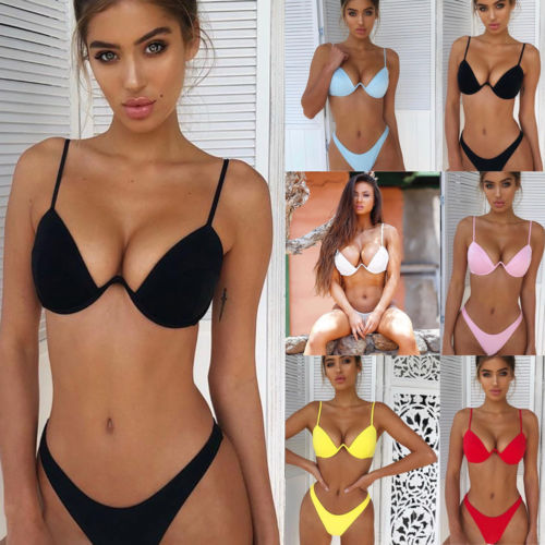 Women's Solid Color Bikini Set Polyester 2-Piece Swimwear – Black | AdriaPulse