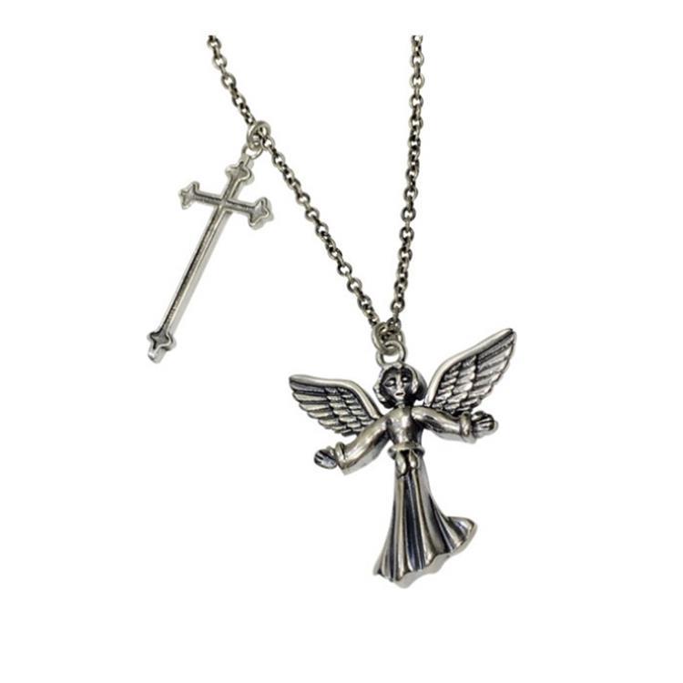 Angel Wings Cross Pendant Necklace – Silver Alloy Clavicle Chain