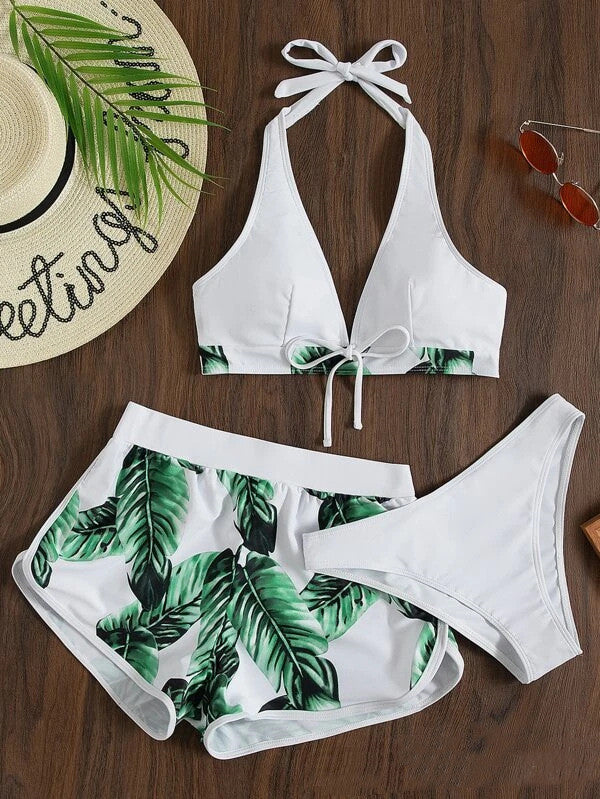 Women's 3-Piece Leaf Print Bikini Set with Shorts – Polyester Spandex, S–XL