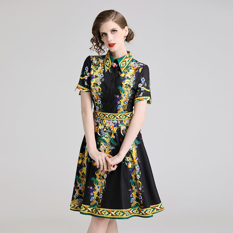 Damen A-Linien Midi-Kleid mit Blumenmuster – Kurzarm, Polokragen
