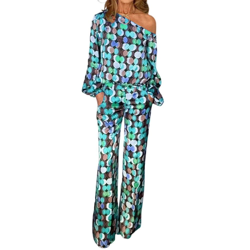 Digital Print Lantern Sleeve Suit – Women's 2-Piece Set