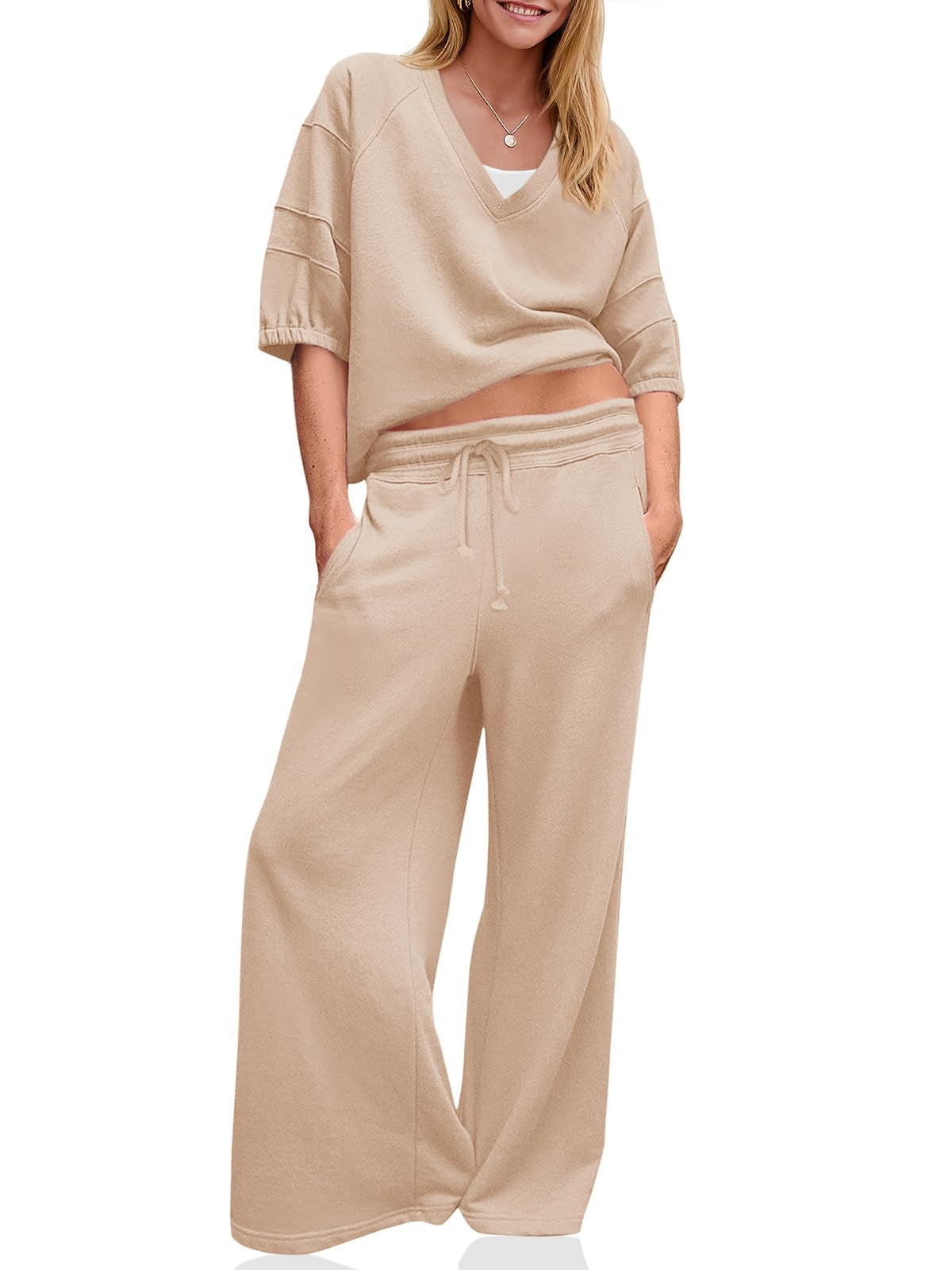 Women's 2-Piece V-Neck Shirt & Wide Leg Pants Tracksuit Set