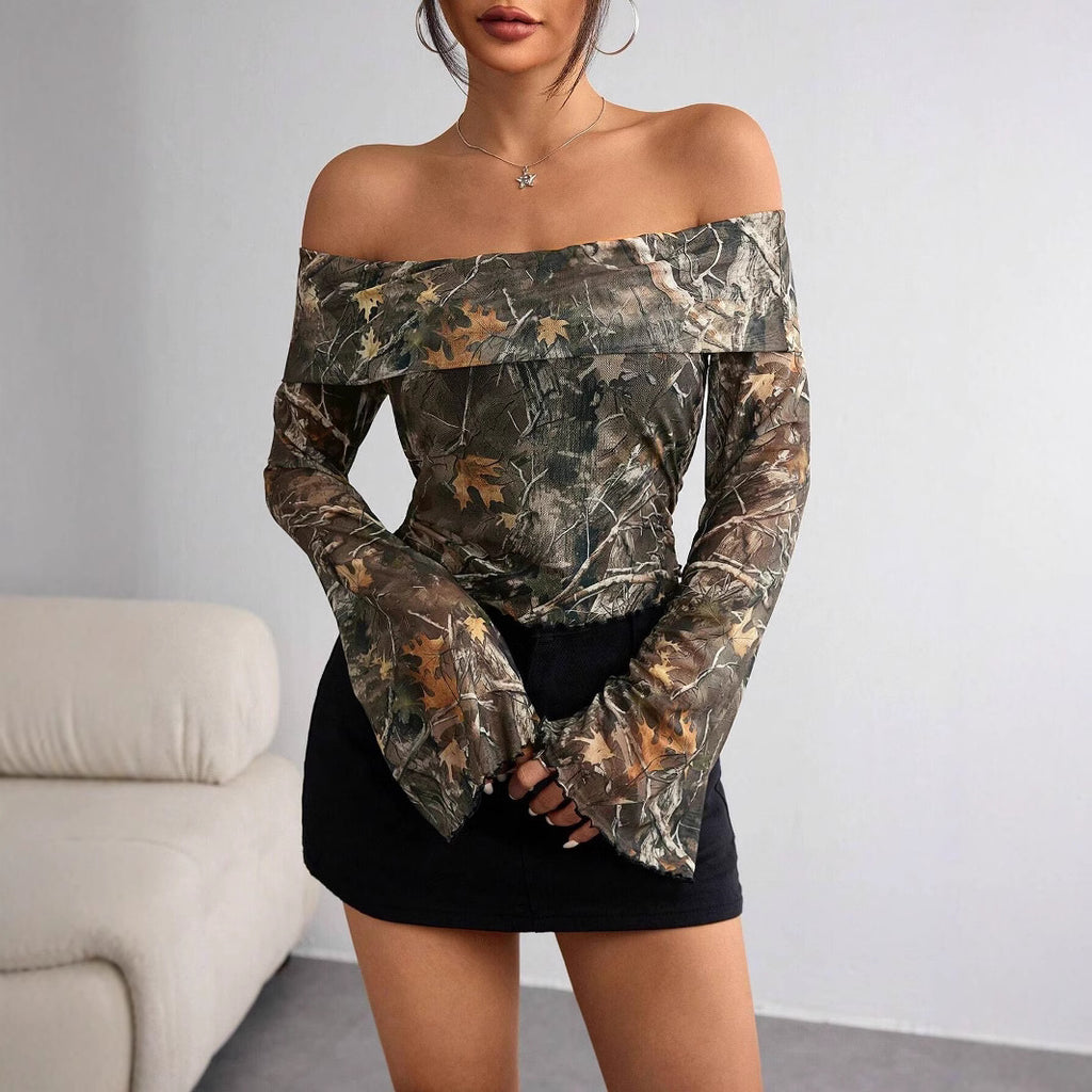 Women's Mesh Printed Off-Shoulder Long Sleeve Fitted Top Olive – AdriaPulse