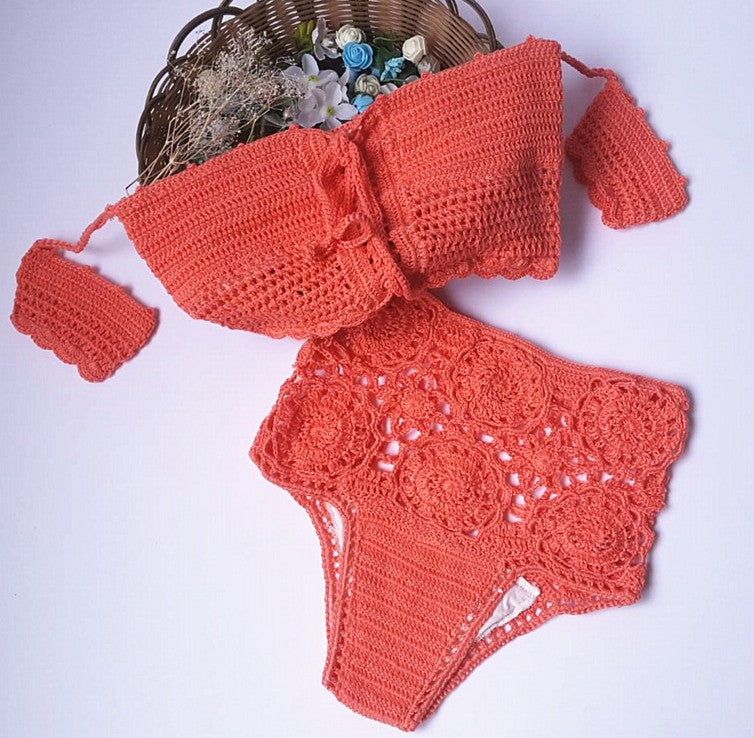 Knitted Off-Shoulder Bandeau Bikini Set | Women's High Waist Bandage Swimsuit – S to L
