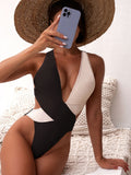 Women's One-Piece Crossover Color Block Panel Swimsuit | AdriaPulse