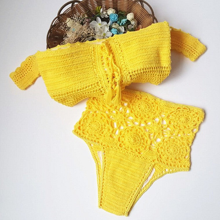 Knitted Off-Shoulder Bandeau Bikini Set | Women's High Waist Bandage Swimsuit – S to L