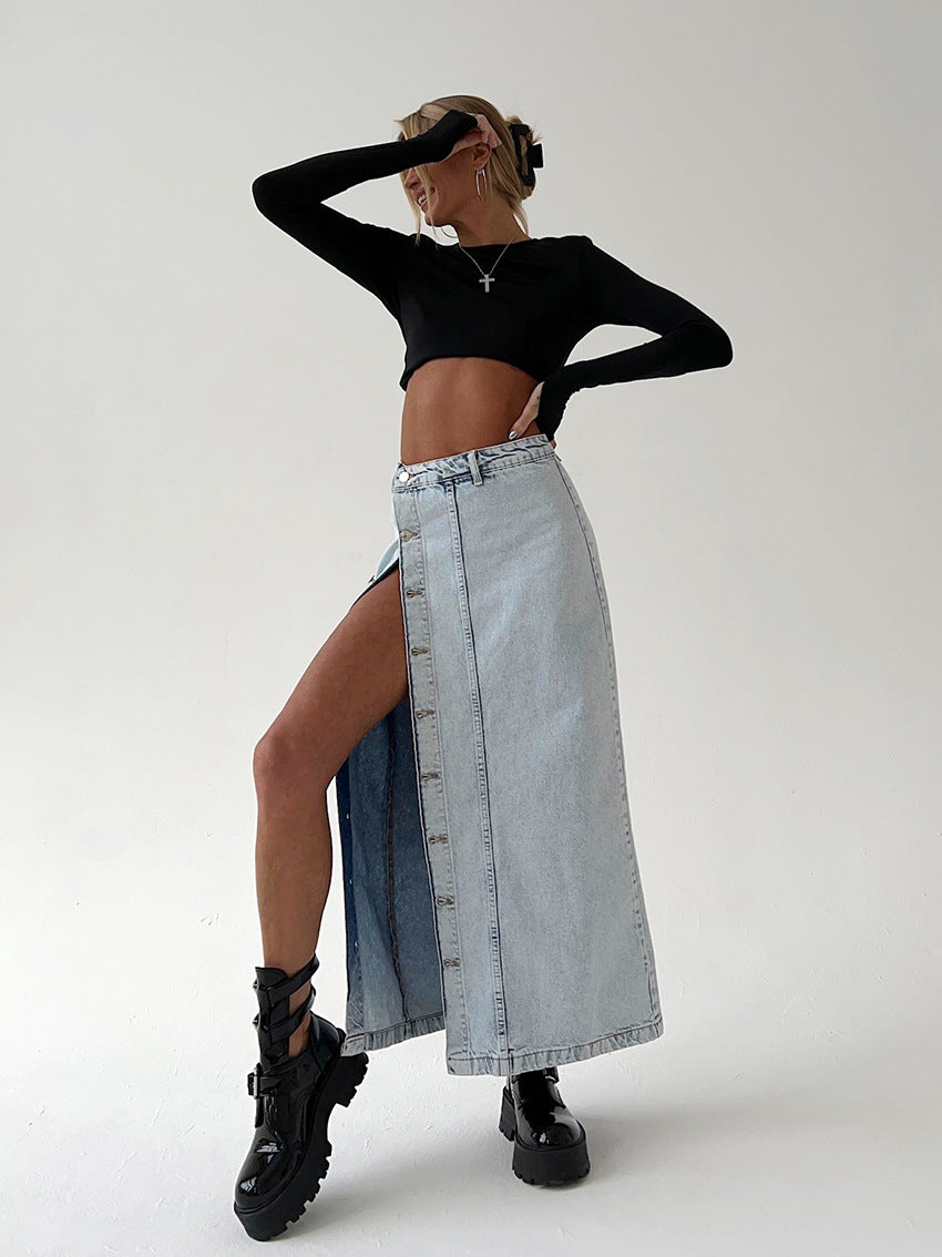 "Women's retro A-line washed denim maxi skirt with distressed detail in blue, elegant long jean skirt – AdriaPulse"