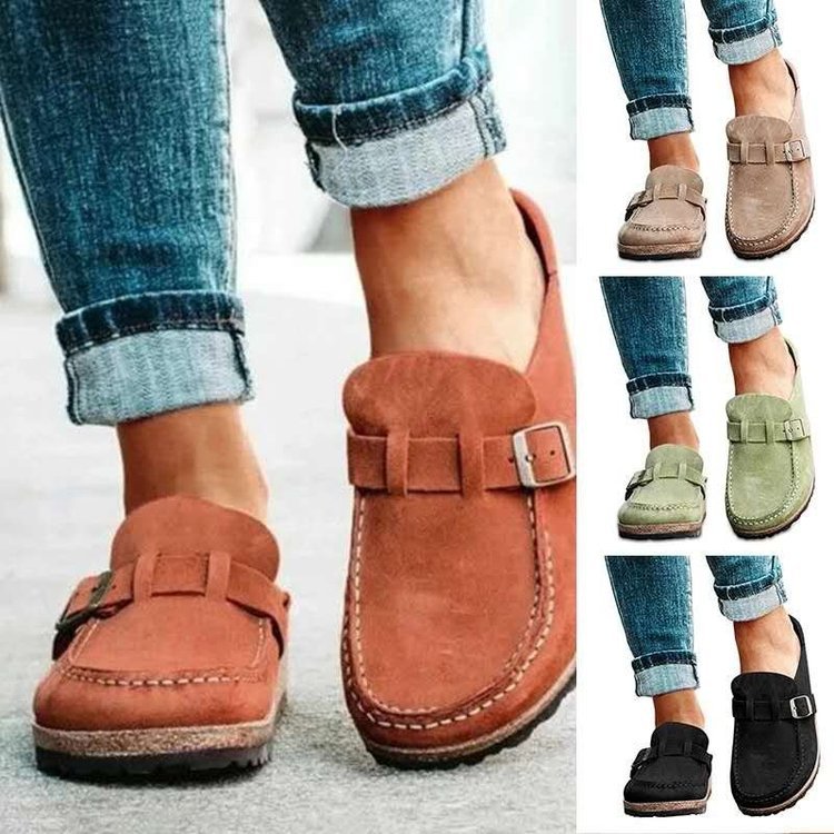 Women's Suede Flat Sandals Belt Buckle – Apricot | AdriaPulse