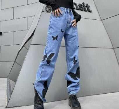 High-Waisted Print All-Match Denim Straight Pants Wome