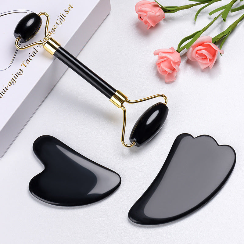 Natürlicher Quarz-Schaber Jade-Roller Guasha-Set Schwarz Echt