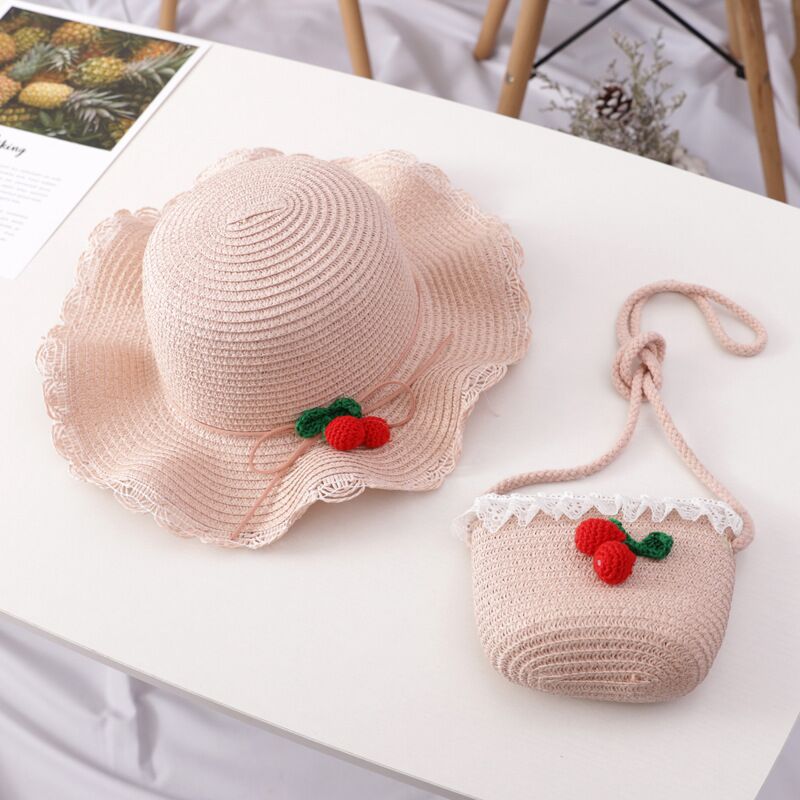 Women's Cherry Straw Hat & Mini Bag Set – Cute Beach Sun Hat in 4 Colors