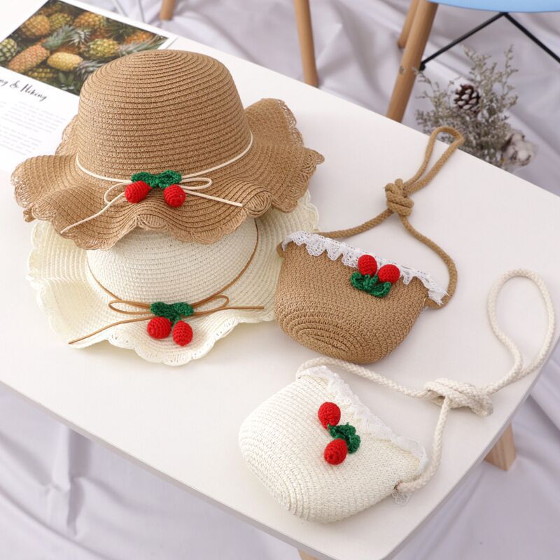 Women's Cherry Straw Hat & Mini Bag Set – Cute Beach Sun Hat in 4 Colors