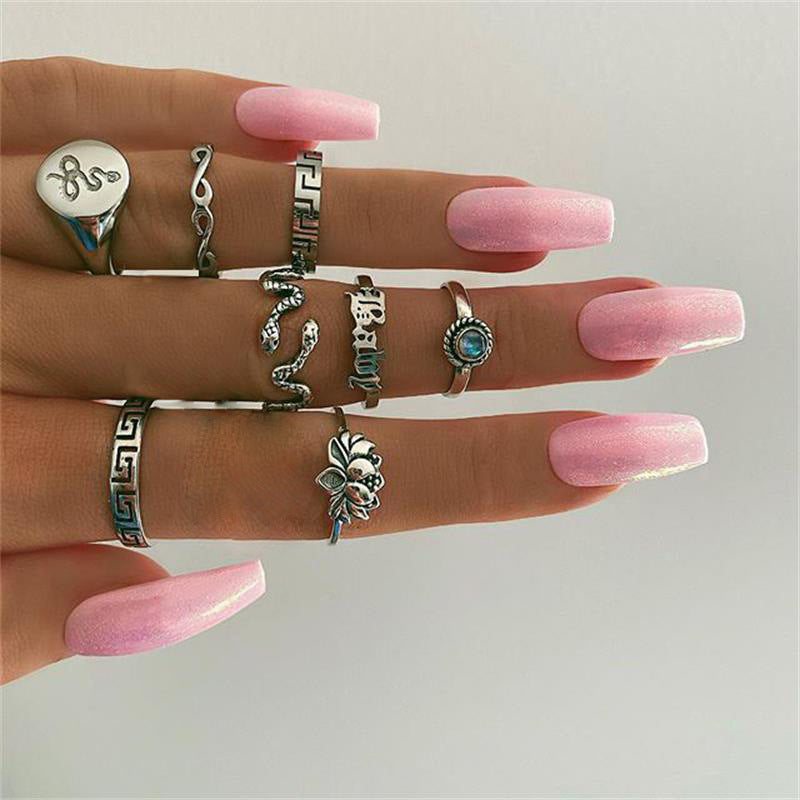 Lotus & Snake Geometric Ring Set – Electroplated Alloy, 5 Styles