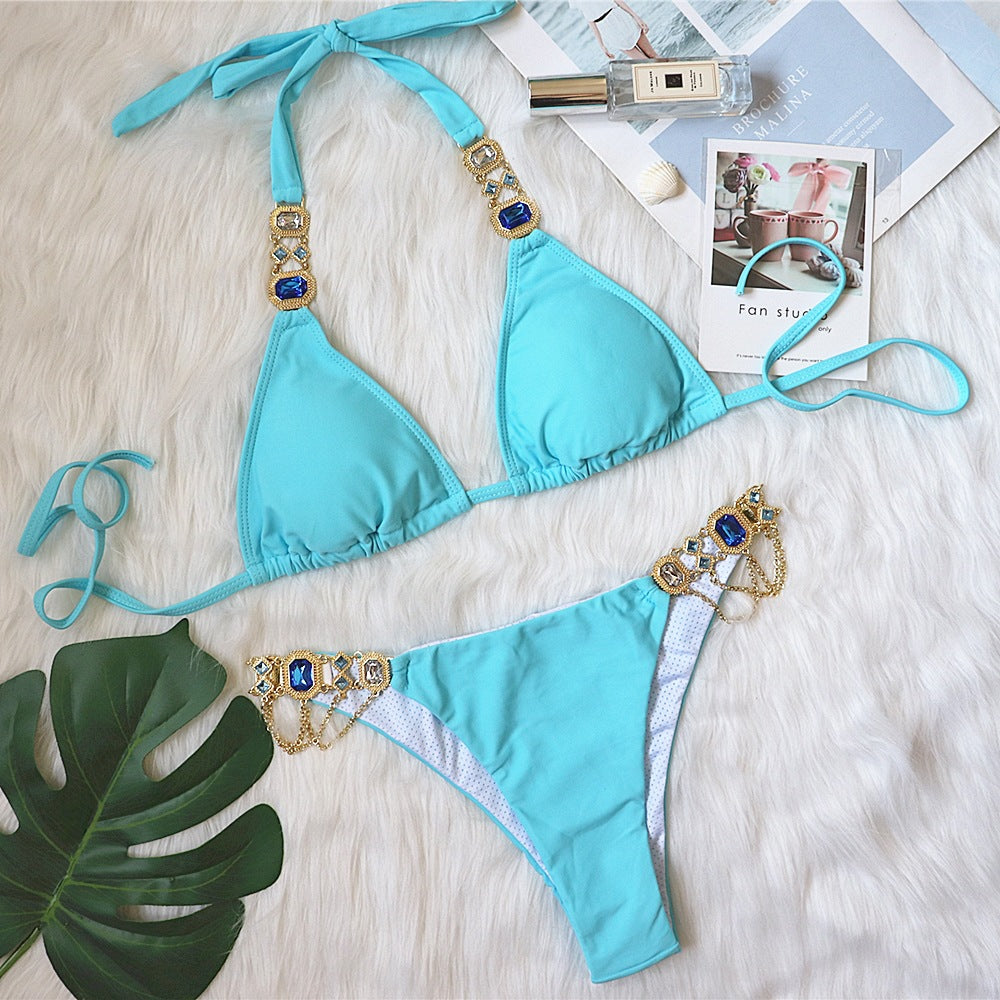 Crystal Rhinestone Halter Bikini – Women's Polyester Swimwear S–L
