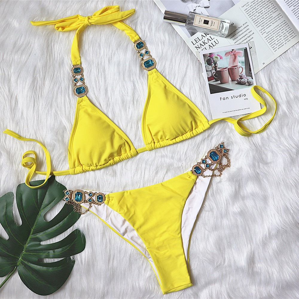 Crystal Rhinestone Halter Bikini – Women's Polyester Swimwear S–L