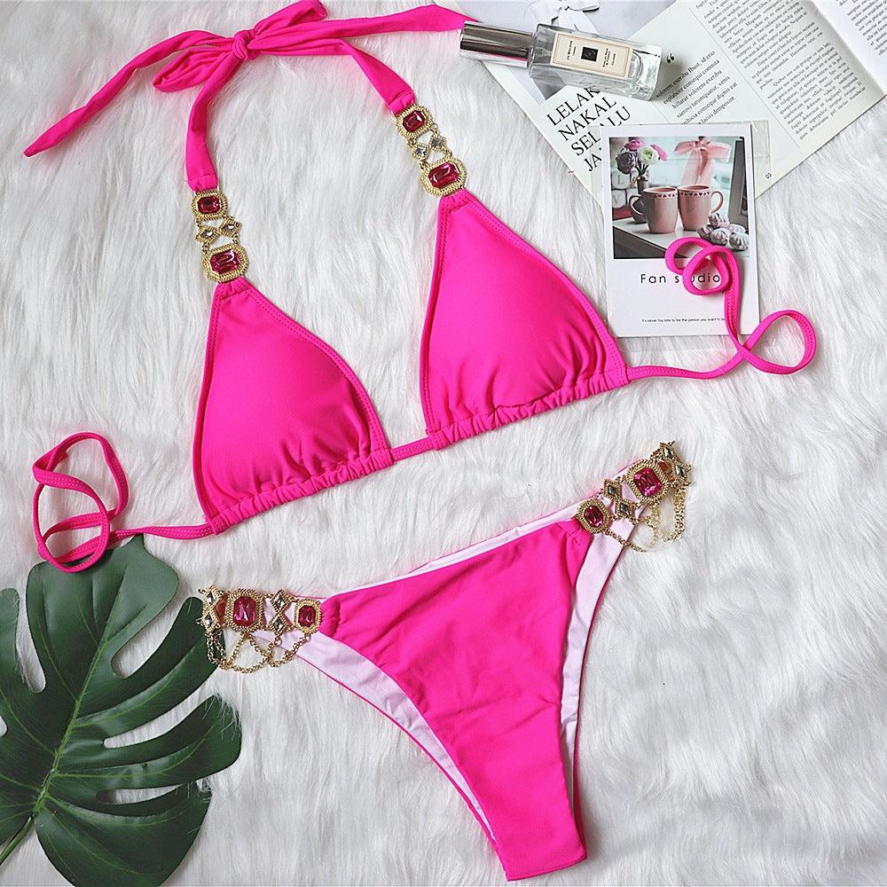 Crystal Rhinestone Halter Bikini – Women's Polyester Swimwear S–L