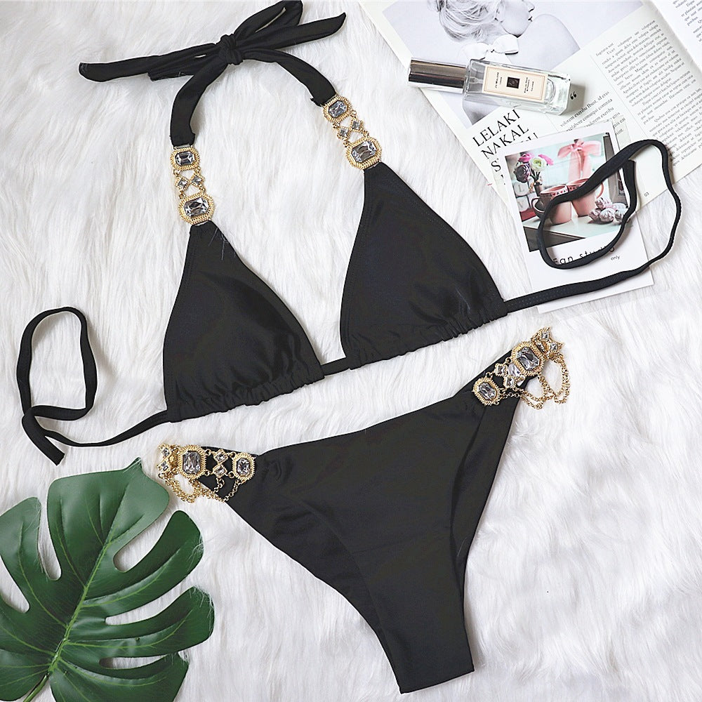 Crystal Rhinestone Halter Bikini – Women's Polyester Swimwear S–L