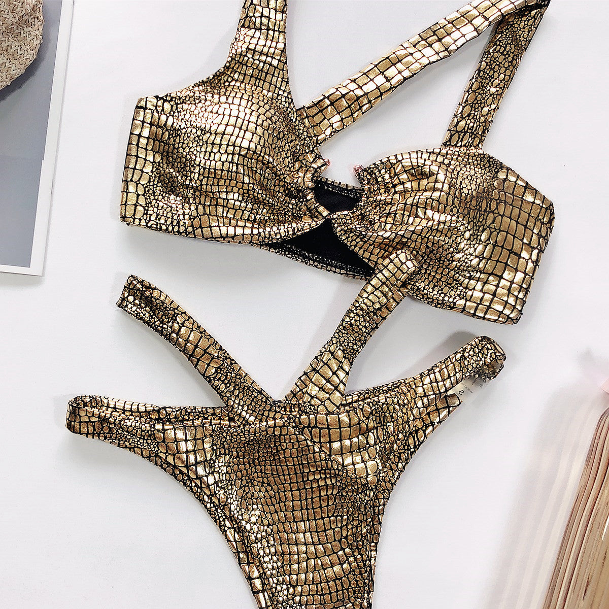 Bronzing Snake Pattern One-Piece Swimsuit – Women's Spandex Swimwear S–L