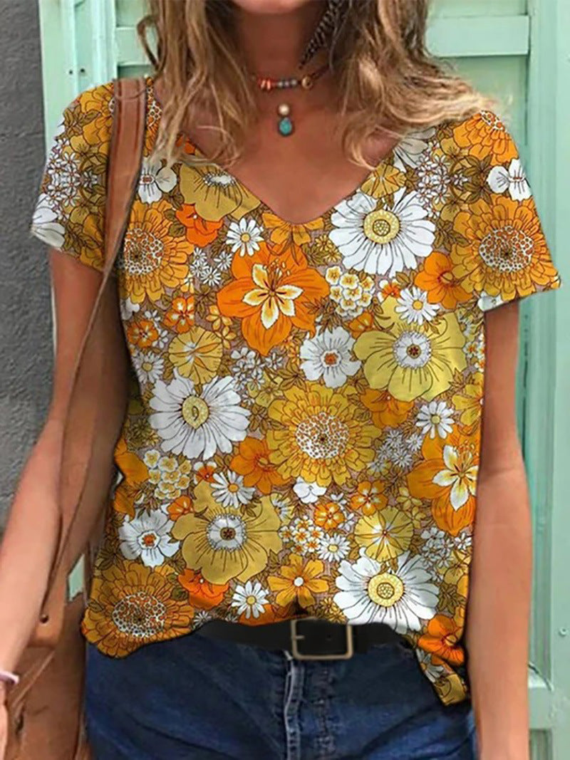 Women's Graphic Print V-Neck T-Shirt Loose Short Sleeve – AdriaPulse