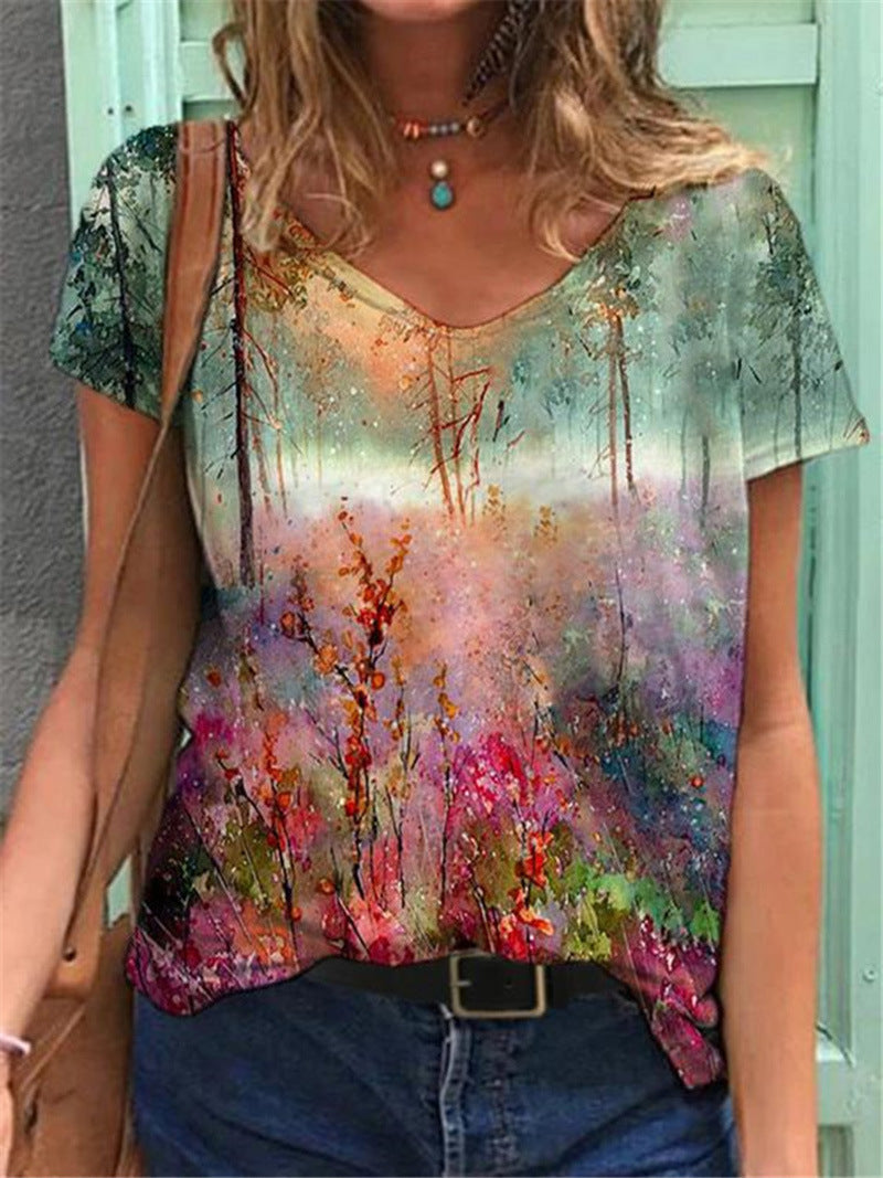 Women's Graphic Print V-Neck T-Shirt Loose Short Sleeve – AdriaPulse