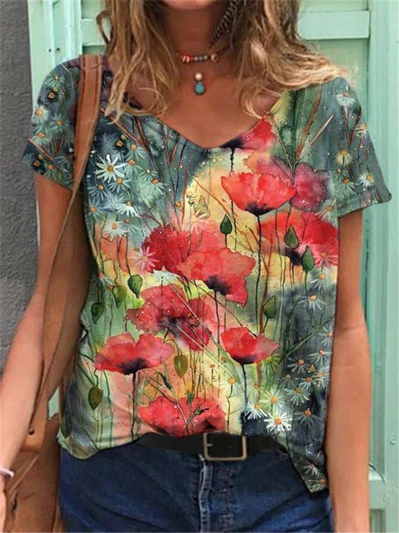 Women's Graphic Print V-Neck T-Shirt Loose Short Sleeve – AdriaPulse