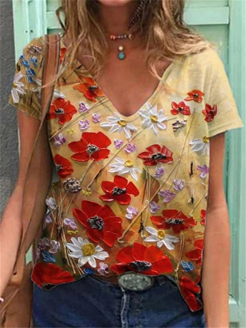 Women's Graphic Print V-Neck T-Shirt Loose Short Sleeve – AdriaPulse