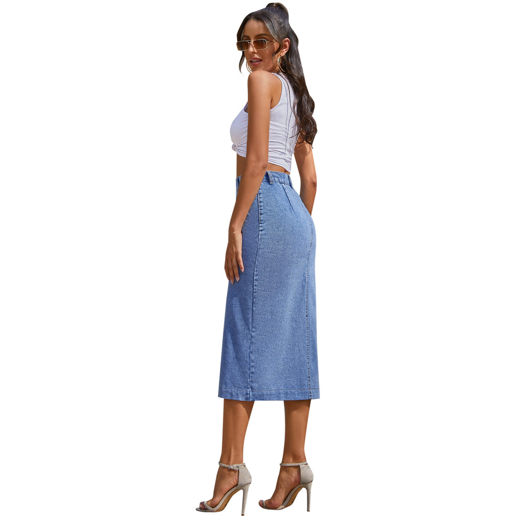 Button Irregular Slit Denim High Waist Skirt Blue | AdriaPulse