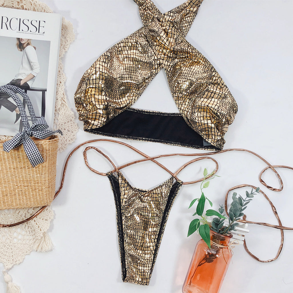 Snake Print Strappy Bikini – Sexy Open Back Swimsuit