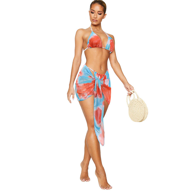 3-Piece Printed Bikini Set | Women's Sexy Split Swimsuit with Chest Pad – Orange, Pink & Purple