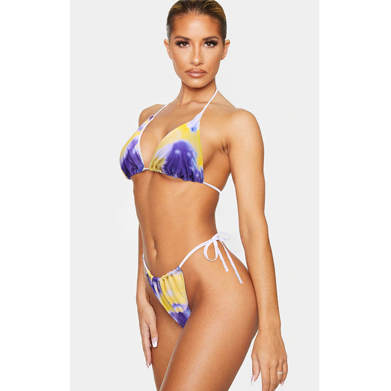 3-Piece Printed Bikini Set | Women's Sexy Split Swimsuit with Chest Pad – Orange, Pink & Purple