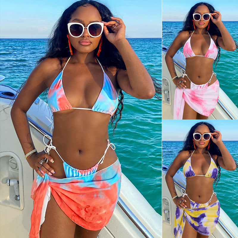 3-Piece Printed Bikini Set | Women's Sexy Split Swimsuit with Chest Pad – Orange, Pink & Purple