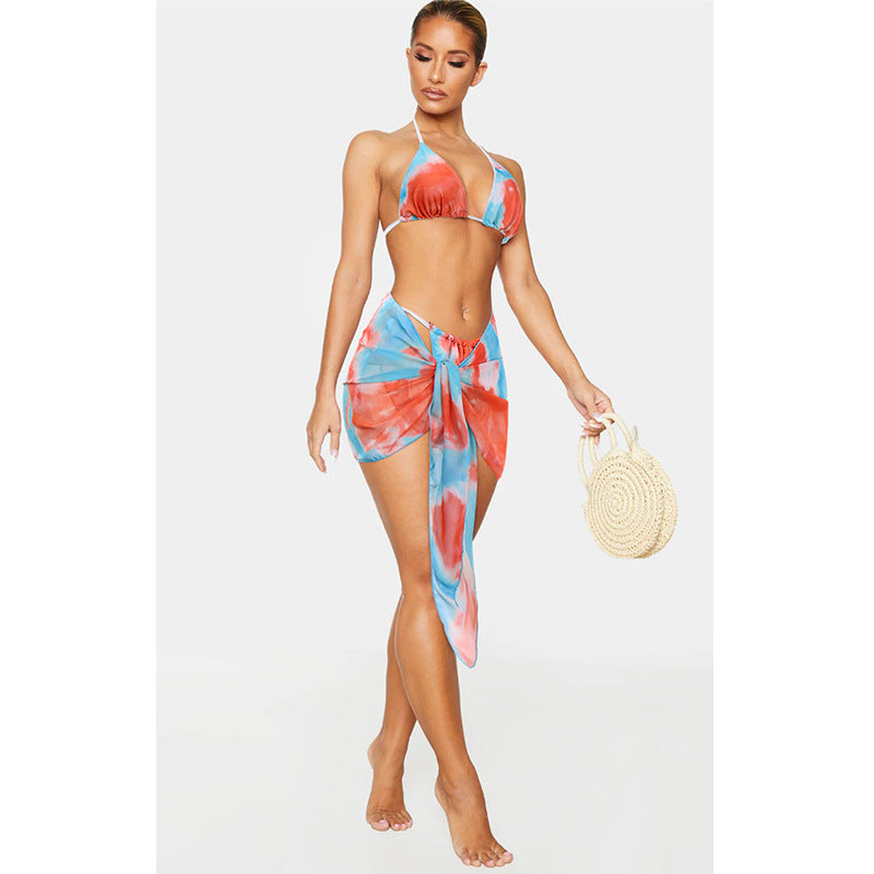 3-Piece Printed Bikini Set | Women's Sexy Split Swimsuit with Chest Pad – Orange, Pink & Purple