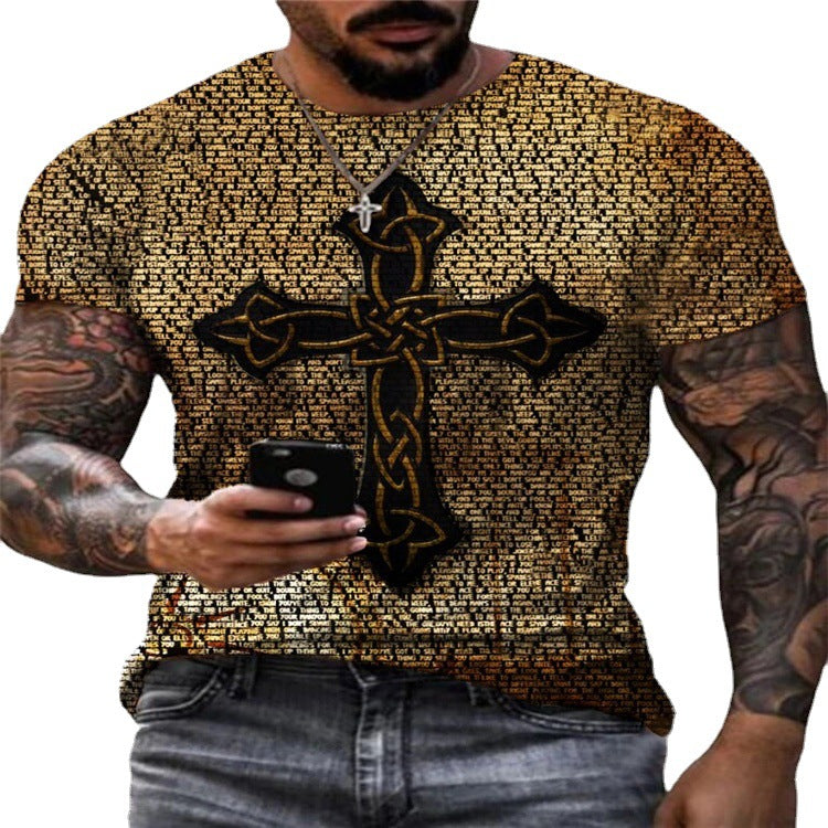 Retro Cross Print T-Shirt | Loose Fit Round Neck Tee – Men