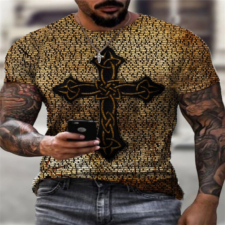 Retro Cross Print T-Shirt | Loose Fit Round Neck Tee – Men